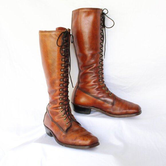 Vintage Frye Brown Leather Lace-up Equestrian Riding campus Black label Boots - Picture 2 of 12